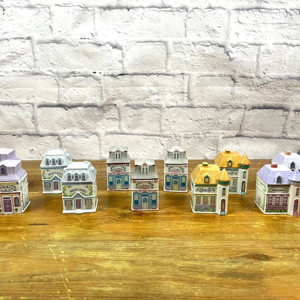 Lenox Spice Village Herb Storage Jars Porcelain Victorian Houses Cottage Chic Nutmeg Oregano Onion Mustard Marjoram Sold individually