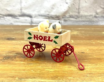 Vintage "Noel" Christmas Tree Ornament Flocked Bears in a wagon