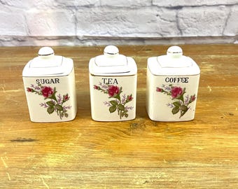 Vintage Mini-Küchen Kanister Gläser Rose Themen Zucker Tee und Kaffee Porzellan Kanister 3 1/2 "hoch unvollkommen