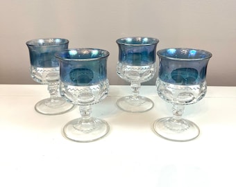 Vintage Kings Crown Sherry Glasses Blue Fade Wide Band Thumbprint Mini Goblets