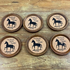 Vintage Black Horse Tavern Wood and Cork Coasters Horse Design 1794 Historical Coasters Barware Horse lover gift Set of 6