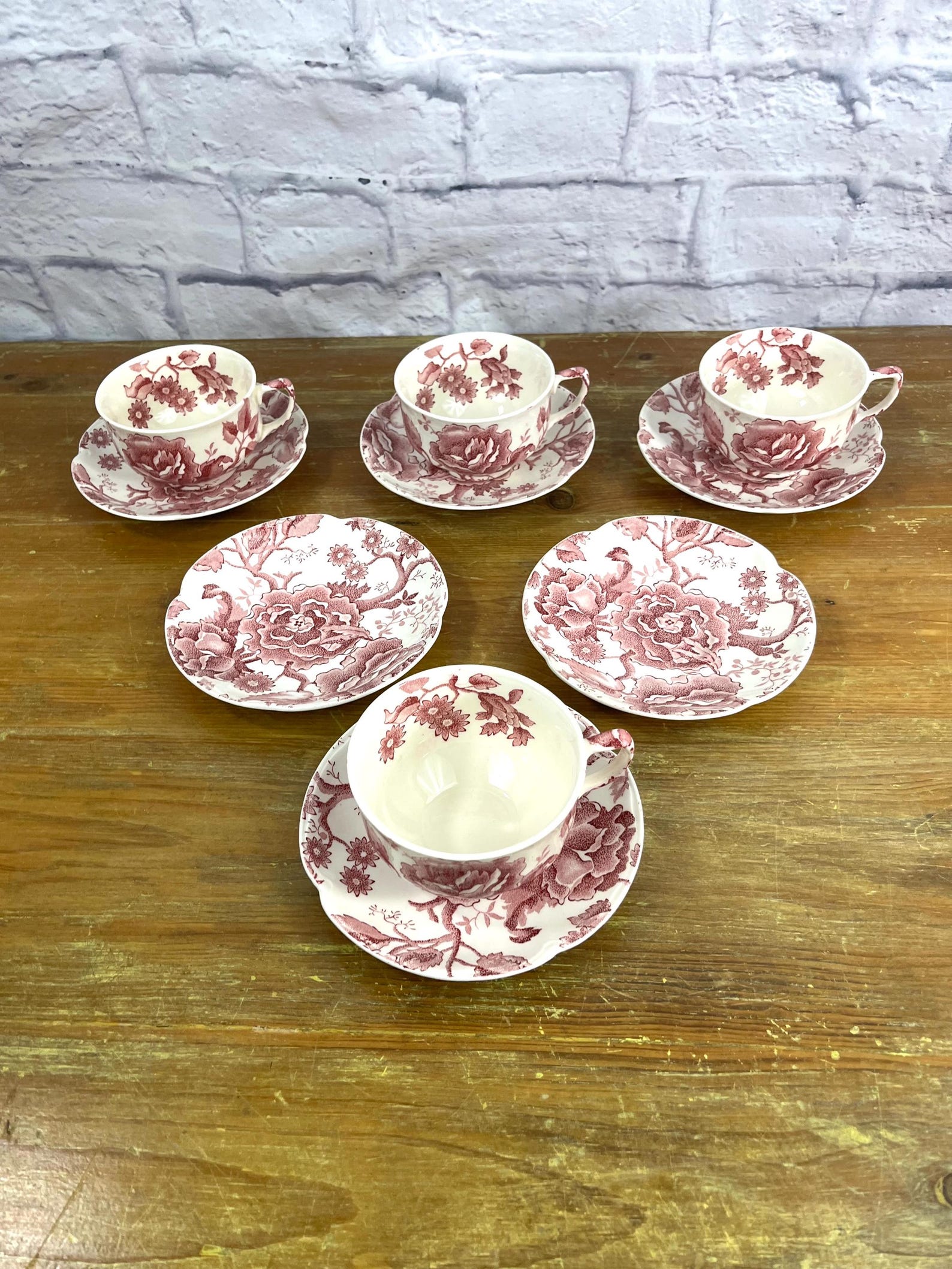 Vintage English Chippendale Pattern Red Rose Pink Transferware Dinner ...