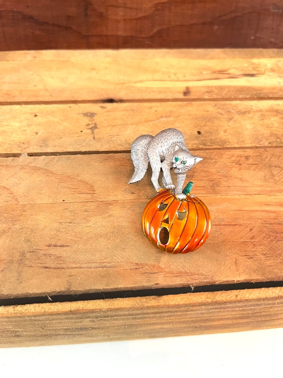 Vintage Cat on Pumpkin Halloween Themed Pin "JJ" … - image 1