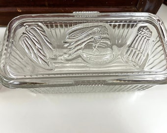 Vintage 1940s Clear Refrigerator Glass Storage Container Vegetable Themed Fridge Storage Ribbed Glass Embossed Veggies