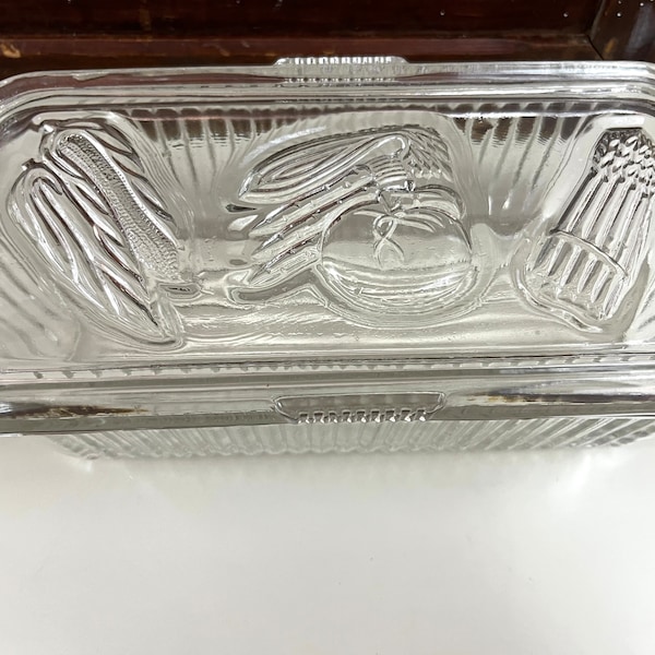 Vintage 1940s Clear Refrigerator Glass Storage Container Vegetable Themed Fridge Storage Ribbed Glass Embossed Veggies