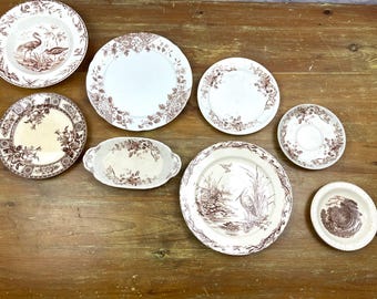 Antique Brown White Transferware Plates Bowls Thanksgiving decorative plates Ironstone Wall Decor 1880s Indus Garfield Errol ***Sold Singly