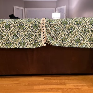 Vintage Green Blue Tapestry 60s curtains pom pom trim bathroom window or kitchen window curtain upcycle into a lumbar pillow or throw pillow