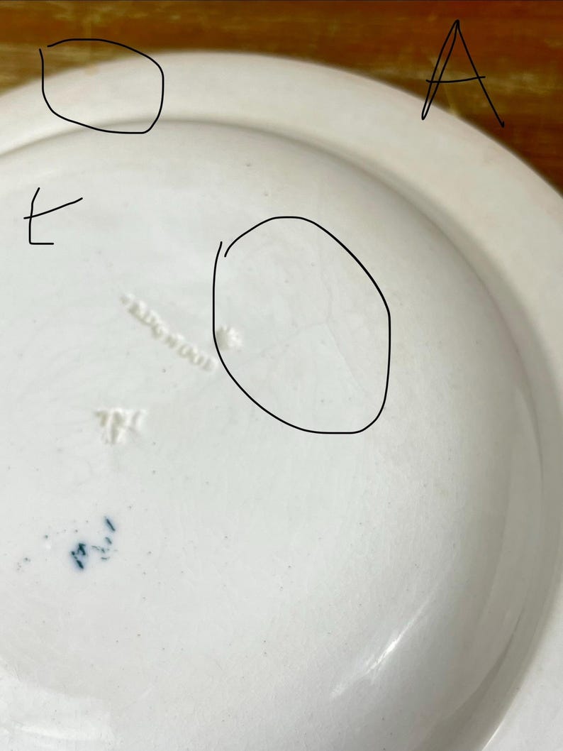 May include: A close-up of a white ceramic plate with a slightly curved rim. The underside of the plate shows embossed text and blue markings. The plate has a smooth, glossy finish and appears to be vintage.