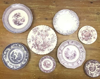 Vintage Mulberry Purple Mismatch Decorative Wall Plates Tonquin Charlotte Staffordshire  Lozere Lavender Colored English Cottage Sold Singly
