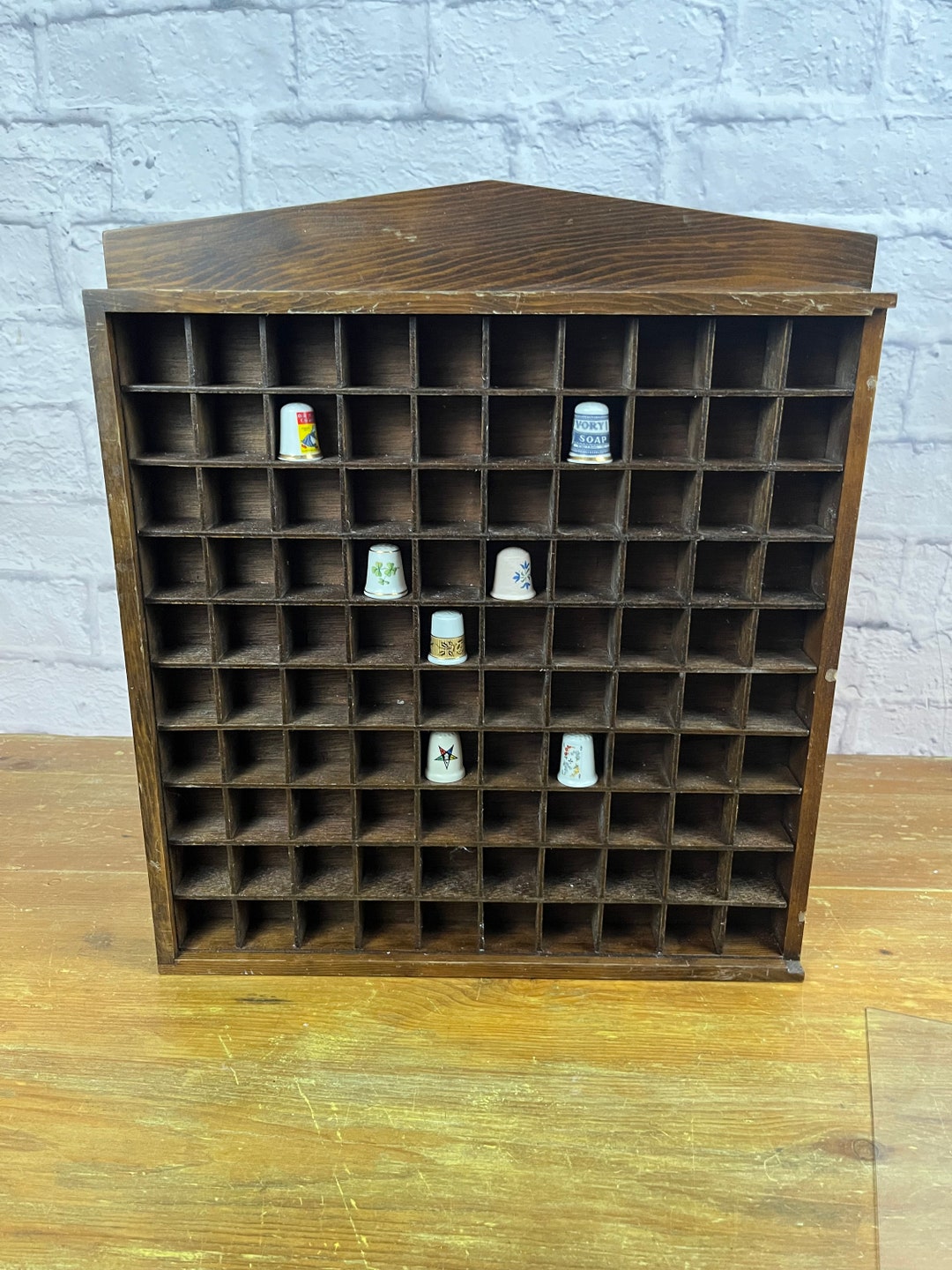 Vintage Wood Thimble Display Shelf With 100 Cubbies Sliding Plastic