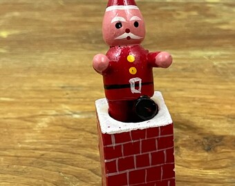 Vintage Wood Santa Christmas Ornament Coming out of Chimney