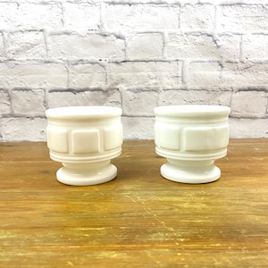 Vintage Pair of Milk Glass Geometric Pedistal planters centerpieces low vase wedding decor baby shower rehersal dinner