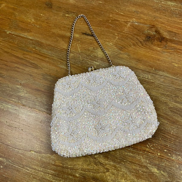 Vintage White Bead and Sequin Evening Bag Prom Purse Wedding Purse Event purse Formal Event