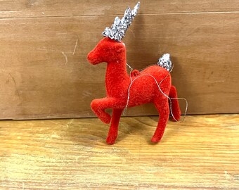 Vtg Red Flocked Christmas Reindeer Ornament W/ Silver Antlers