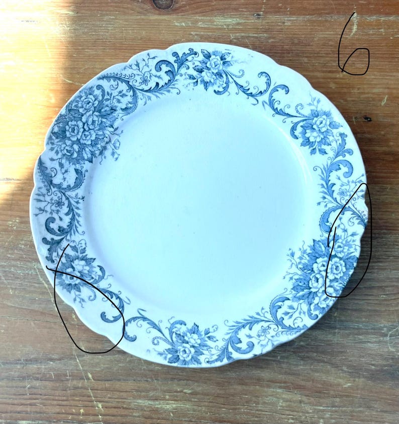 May include: A white ceramic plate with a scalloped edge and a blue floral design. The pattern includes flower clusters and scrolling vines around the rim. The plate is on a wooden surface.