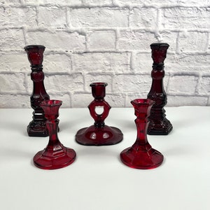 Vintage Red Glass Candlestick Holder Collection Christmas Decor Evening Decor Red Centerpiece Valentines Day Anniversary Decor Set of 5