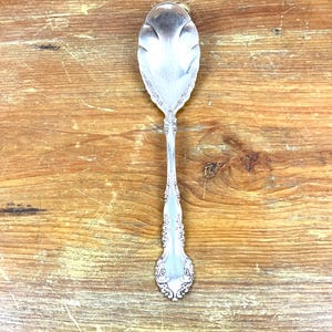 May include: A silver sugar spoon with an ornate handle and a decorative bowl. The spoon is on a wooden surface.