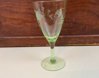 Vintage Green Rose Etched Water Goblet Wine Glass