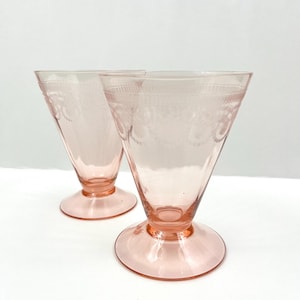 Antique Pair of &quot;Primrose Lane Pink&quot; Depression Glass Water Glasses Etched Morgantown USA Fluted 8 oz Footed Tumbler Cocktail Glasses