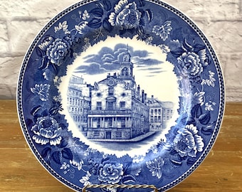 Vintage "Old State House Boston" Wedgwood Ironstone Plate Blue White Transferware