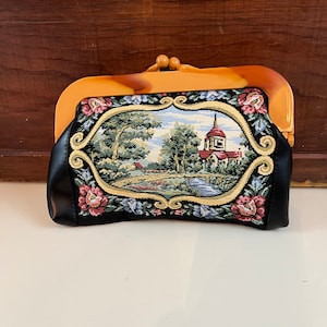Vintage Tapestry and Vinyl Clutch bag with lucite clasp closure Pastoral European country scene