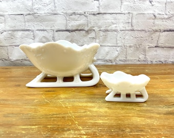 Vintage Milk Glass Santas Sleigh Chip and Dip Christmas Entertaining Decor Westmoreland Pressed Glass