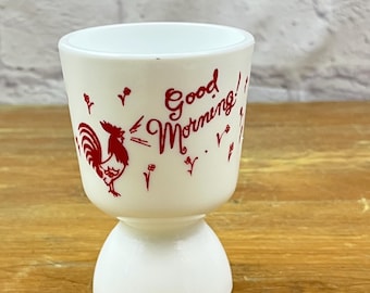 Mid Century Milk Glass Rooster Egg Cup single or double "Good Morning!" Kitschy Kitchen Decor
