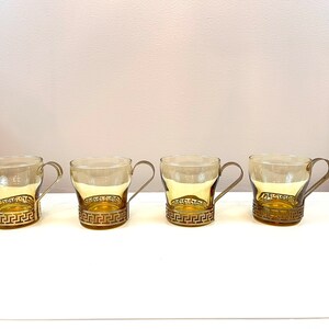 Vintage Libby Continental Coffee Cups  Libbey Amber Glass & Metal Greek Key Handle design Fancy Cappuccino mugs