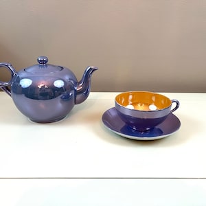 Vintage Japanese Lusterware teapot & teacup single serving lavender and orange opalescent teacup,  tea for one 2 sets available