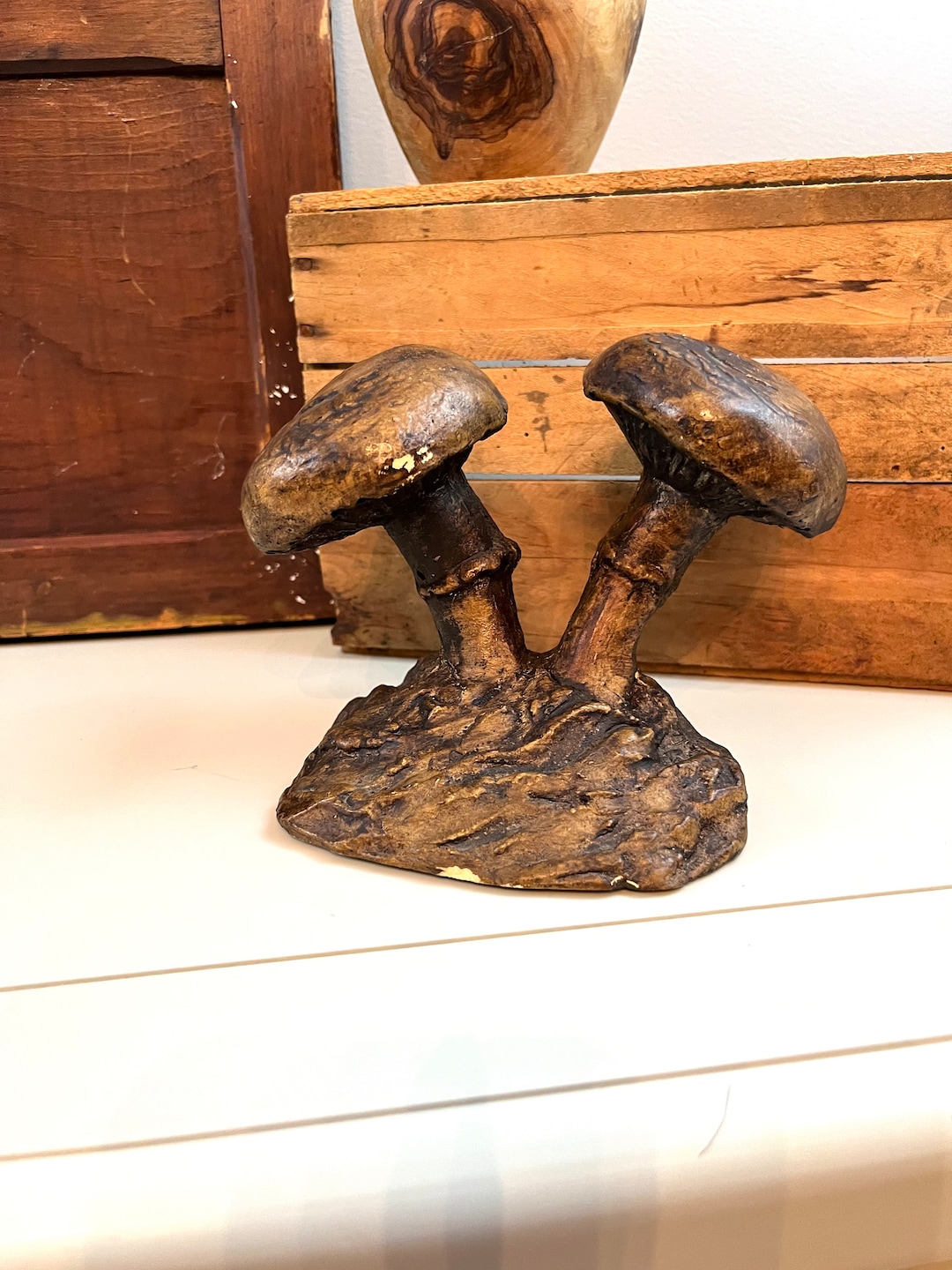 Vintage Brown Ceramic Mushroom Statue 1970s Shroom Decor Earthy Hippie