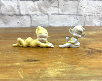 ミッドセンチュリーのピクシーペア 黄色と白 日本製 ガーデンデコレーション クリスマス パステル ピクシーデコレーション