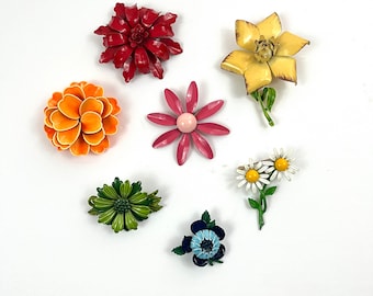 Vintage Enamel Flower Pins Daisy Twins Pink Petals Red Roses Orange Marigolds Blue Flower Wedding Adornments Flower Girl  Arrangement