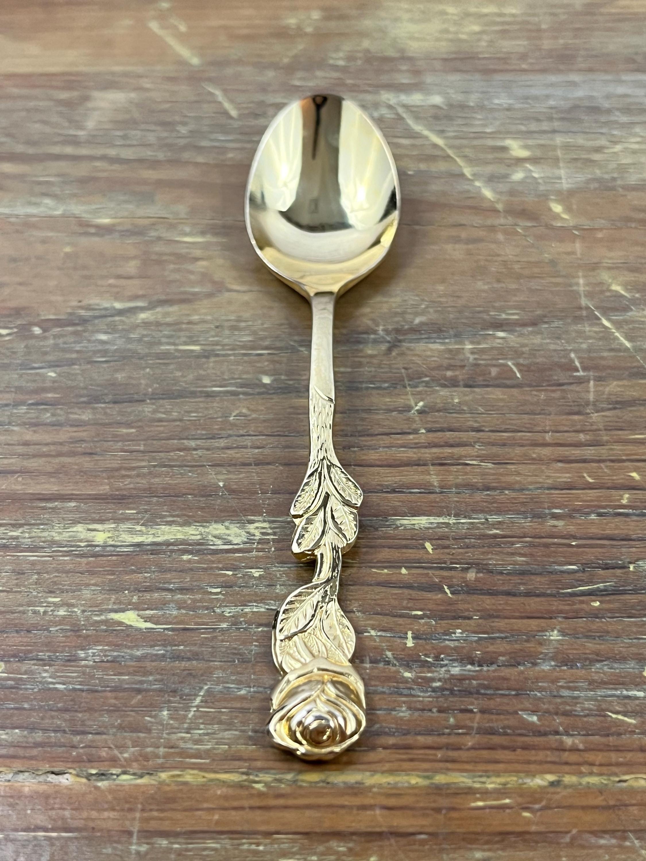 Vintage Gold Colored Rose Handled Teaspoon Small Serving Spoon