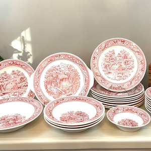 Royal Ironstone Memory Lane Red Transferware Dinnerware Platter Pink & White Thanksgiving Cake plate Wall Platter Display Imperfect