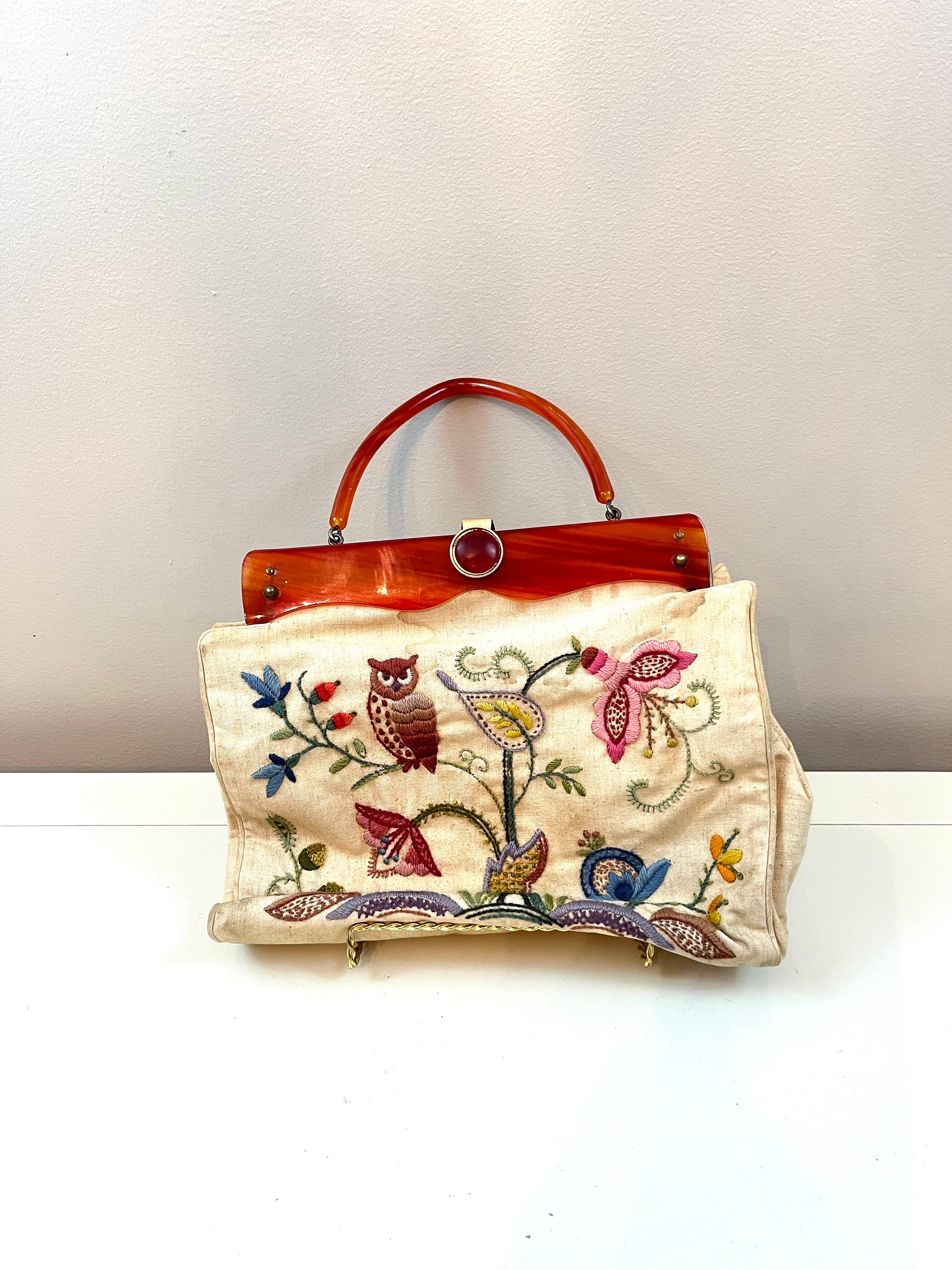 Vintage Bucilla Original Hand Embroidered Owl Nature Purse Lucite Handle Swivel Button Closure