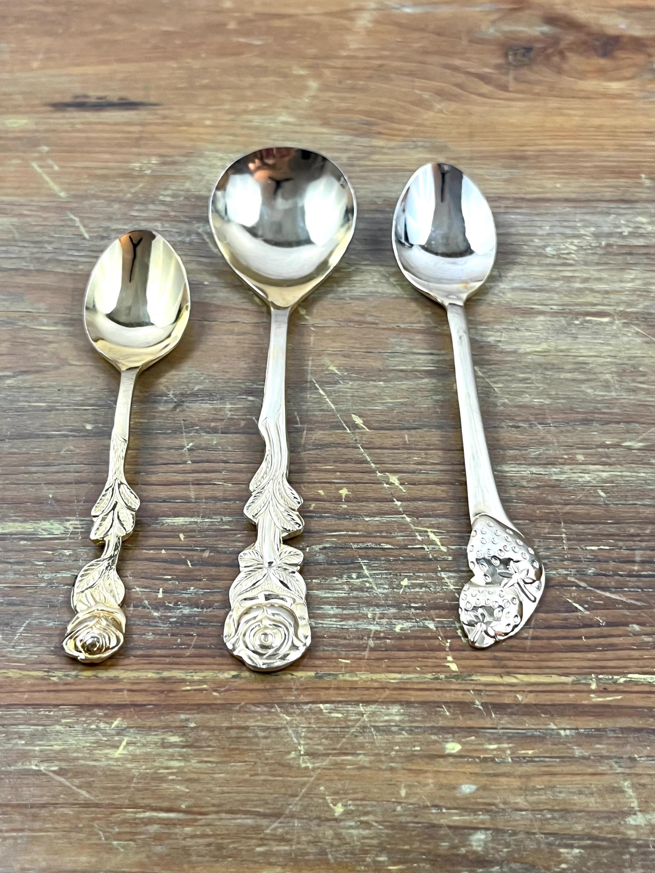 Vintage Gold Colored Rose Handled Teaspoon Small Serving Spoon
