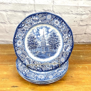 Vintage Liberty Blue Dinner Plates set 2 or 4 Blue Transferware Historical Colonial Scene Independence Hall Staffordshire Ironstone England
