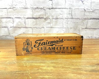 Mid Century Wood Box "Fairmaid Brand Cream Cheese" Country Farmhouse Staging Decor **imperfect