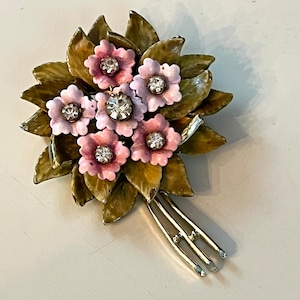 Vintage 1950s Brooch & Earrings Pink floral earring bouquet and floral sprays faux rhinestone and porcelain metal like material