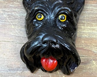 Vintage Chalkware Black Scottish Terrier Dog Wall Hanging