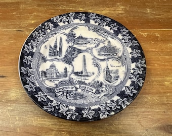 Vintage "Souvenir of  Boston Mass" Staffordshire Ironstone Plate Blue White Transferware Faneuil Hall Old South Church Old State House