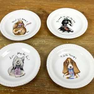 Set di 7 carte da gioco Vintage Dogs, piattini per le punte, piatti laterali, carte da gioco Ladies Card Night, carte Bunko, cuori, Gin Rummy, Euchre