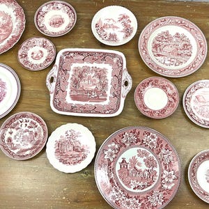 Vintage Pink Transferware Plates English Ironstone Historic Designs Red & White Decorative Plate Wall Decor Christmas Swap Sold Individually