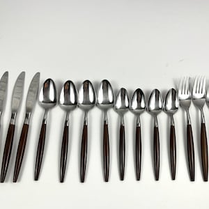Vintage American Tempo Brown Faux wood handled Stainless Flatware Japan Dinner Forks Place Spoons Teaspoons Knives sets sold separately