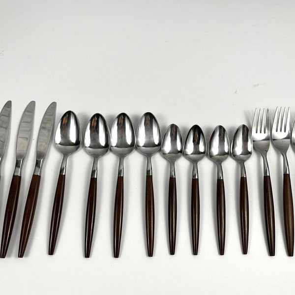 Vintage American Tempo Brown Faux wood handled Stainless Flatware Japan Dinner Forks Place Spoons Teaspoons Knives sets sold separately