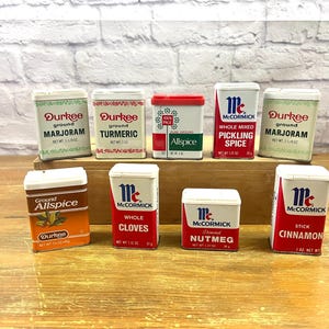Vintage Durkee Spice Tins Mc Cormick Spice Tins 70s 80s Fun kitchen decor farmhouse decor  woodsy cabin decor vintage kitchen Sold singly