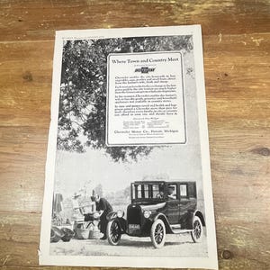 Antike Chevrolet Motor Co Art-Deco-Ära Original 1923 Zeitschriftenanzeige Produktanzeige 9,5 &quot;x 14,25&quot; Mannhöhlen-Garagen-Kunst-Auto-Guy-Geschenk