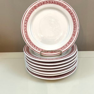 Vintage Vitrified Jackson China Red & White Restaurant ware plates 8&quot; salad or small meal plates Red Rim Scroll and Circle Design