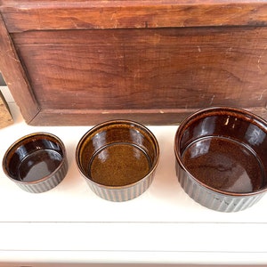 May include: Three brown ceramic ramekins of different sizes. The ramekins have a dark brown glaze and a slightly textured surface.