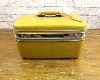 Estojo de trem amarelo mostarda vintage, acessório, estojo de maquiagem, decoração estilo anos 50 e 60